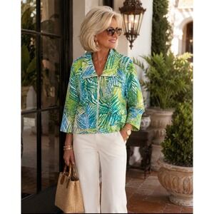 Ruby Rd Tropical Palm Leaf Zip Front Linen Blend Jacket Green Blue Size 18